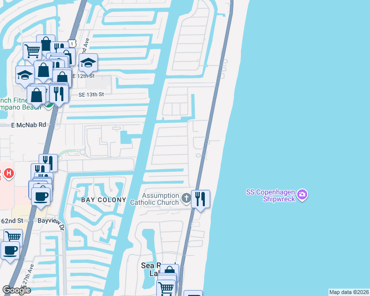 map of restaurants, bars, coffee shops, grocery stores, and more near 2061 Sailfish Place in Pompano Beach