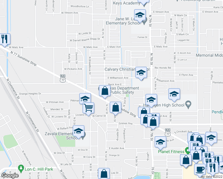 map of restaurants, bars, coffee shops, grocery stores, and more near 111 McGregor Street in Harlingen