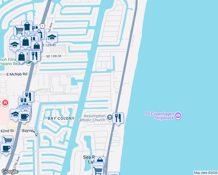 map of restaurants, bars, coffee shops, grocery stores, and more near 2061 Sailfish Place in Pompano Beach
