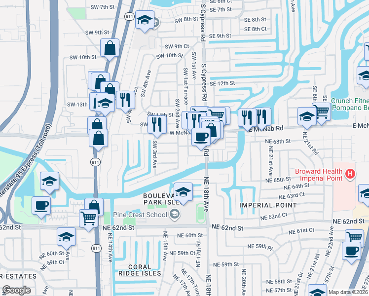 map of restaurants, bars, coffee shops, grocery stores, and more near 1680 Southwest 2nd Avenue in Pompano Beach
