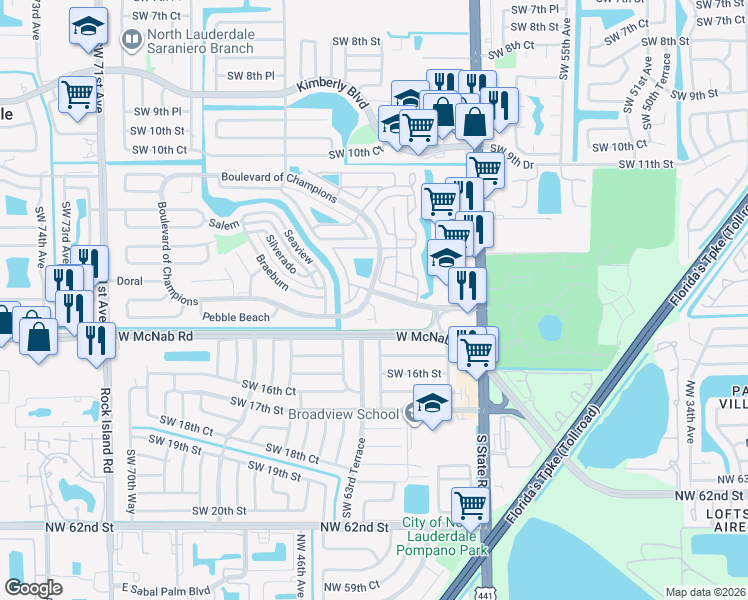 map of restaurants, bars, coffee shops, grocery stores, and more near 6160 Boulevard of Champions in North Lauderdale
