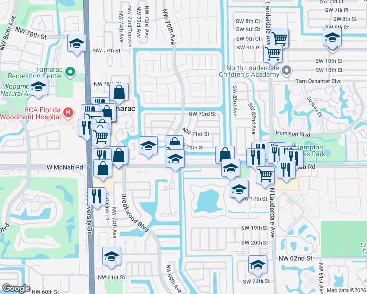 map of restaurants, bars, coffee shops, grocery stores, and more near 6804 Northwest 70th Street in Tamarac