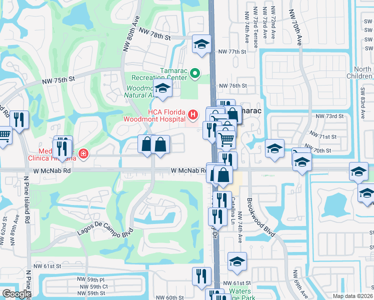 map of restaurants, bars, coffee shops, grocery stores, and more near 7006 Northwest 78th Avenue in Tamarac