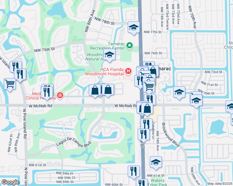 map of restaurants, bars, coffee shops, grocery stores, and more near 7816 Northwest 70th Court in Tamarac