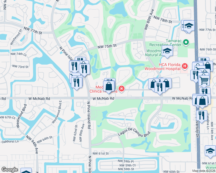 map of restaurants, bars, coffee shops, grocery stores, and more near 8405 Northwest 70th Street in Tamarac