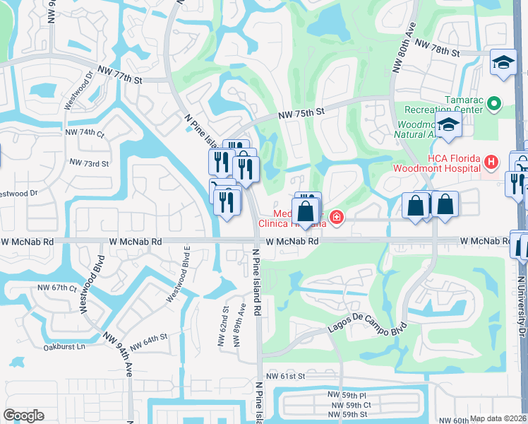 map of restaurants, bars, coffee shops, grocery stores, and more near 7125 Woodmont Avenue in Tamarac