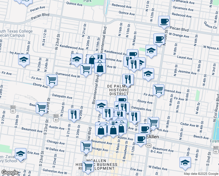 map of restaurants, bars, coffee shops, grocery stores, and more near 520 North 17th Street in McAllen