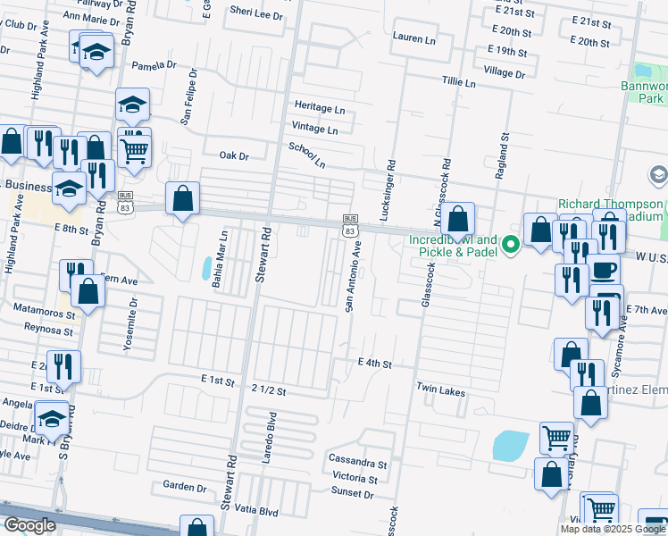map of restaurants, bars, coffee shops, grocery stores, and more near 1740 East Business Highway 83 in Mission