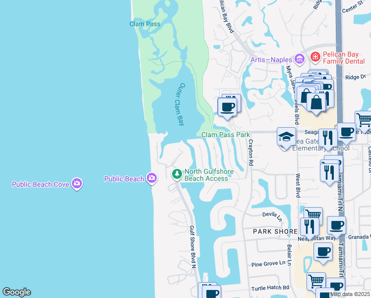 map of restaurants, bars, coffee shops, grocery stores, and more near 90 Seagate Drive in Naples