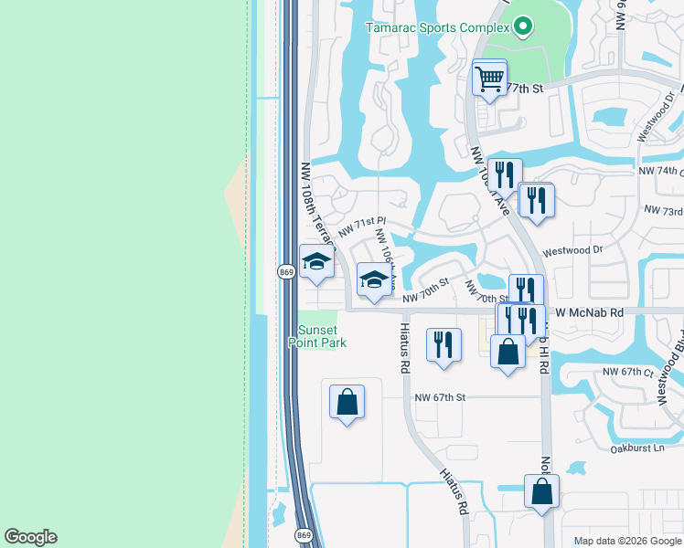 map of restaurants, bars, coffee shops, grocery stores, and more near 7025 Northwest 108th Avenue in Tamarac