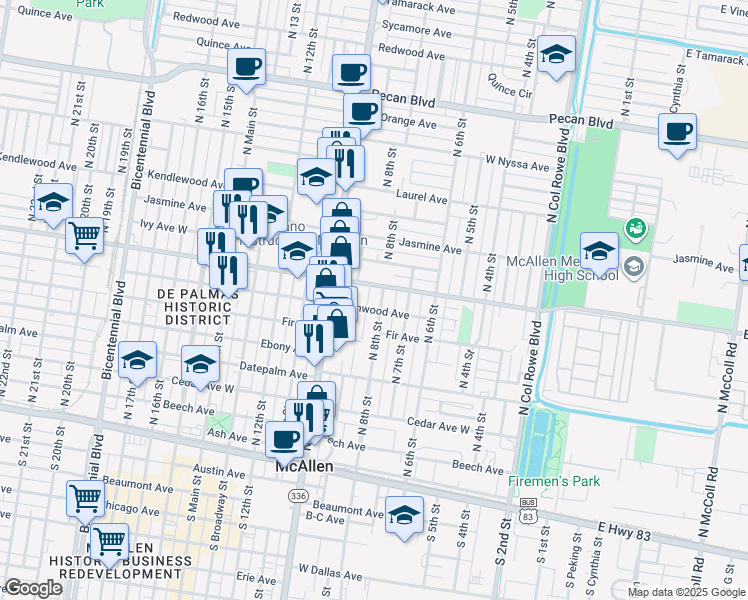map of restaurants, bars, coffee shops, grocery stores, and more near 702 North 9th Street in McAllen