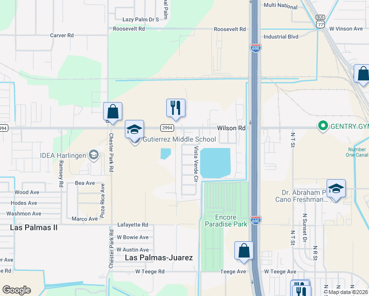 map of restaurants, bars, coffee shops, grocery stores, and more near 2118 Vista Verde Circle in Harlingen