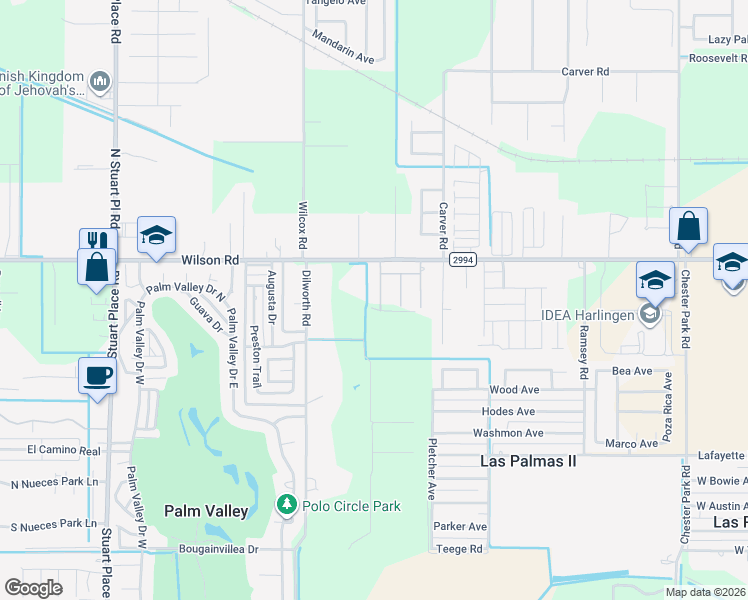 map of restaurants, bars, coffee shops, grocery stores, and more near 16538 Wilson Road in Harlingen
