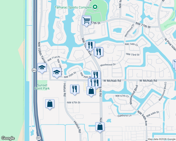 map of restaurants, bars, coffee shops, grocery stores, and more near 7018 Northwest 103rd Avenue in Tamarac