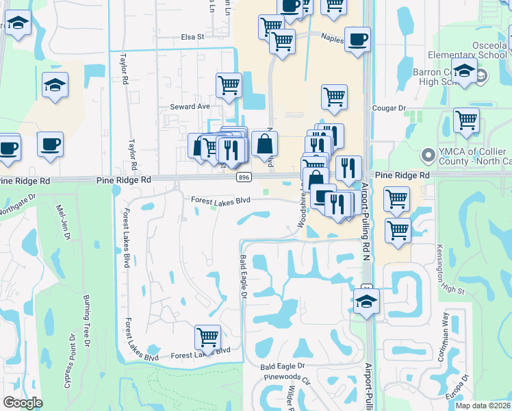 map of restaurants, bars, coffee shops, grocery stores, and more near 300 Forest Lakes Boulevard in Naples