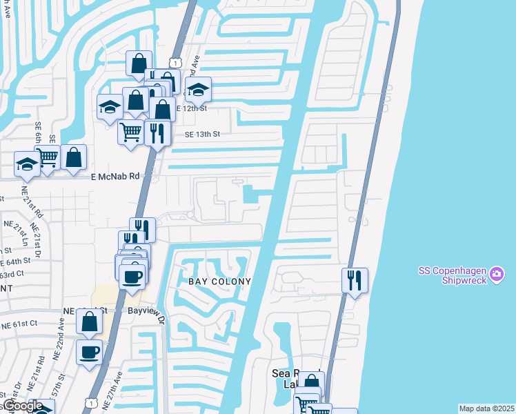 map of restaurants, bars, coffee shops, grocery stores, and more near 3321 Port Royale Drive South in Fort Lauderdale