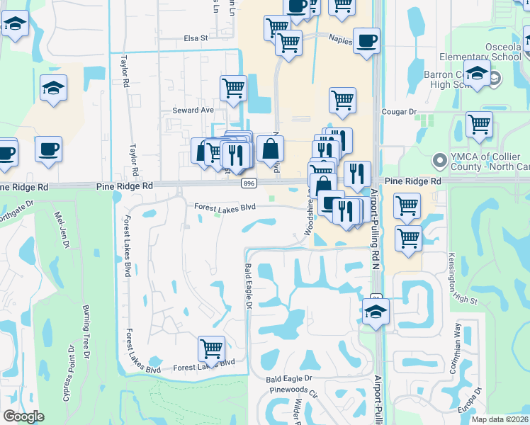 map of restaurants, bars, coffee shops, grocery stores, and more near 300 Forest Lakes Boulevard in Naples