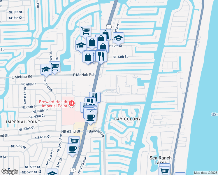 map of restaurants, bars, coffee shops, grocery stores, and more near 1571 Southeast 24th Terrace in Pompano Beach