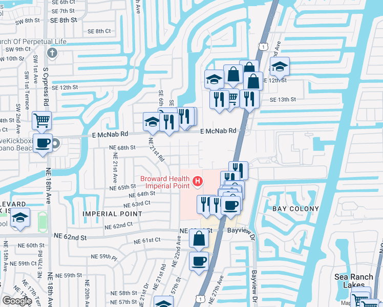 map of restaurants, bars, coffee shops, grocery stores, and more near 23 Northeast 22nd Way in Fort Lauderdale