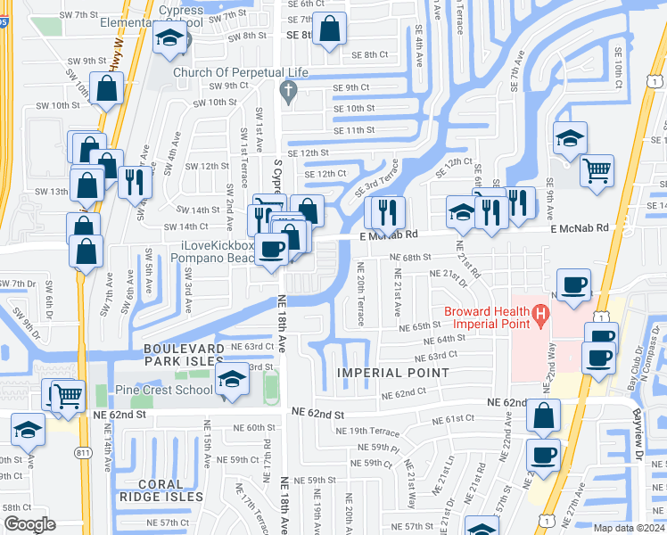 map of restaurants, bars, coffee shops, grocery stores, and more near 145 Cypress Club Drive in Pompano Beach