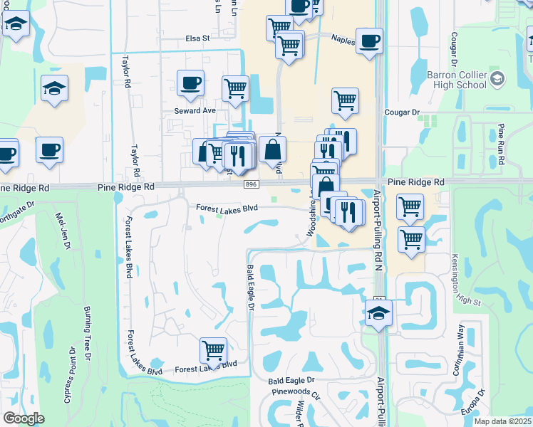 map of restaurants, bars, coffee shops, grocery stores, and more near 300 Forest Lakes Boulevard in Naples