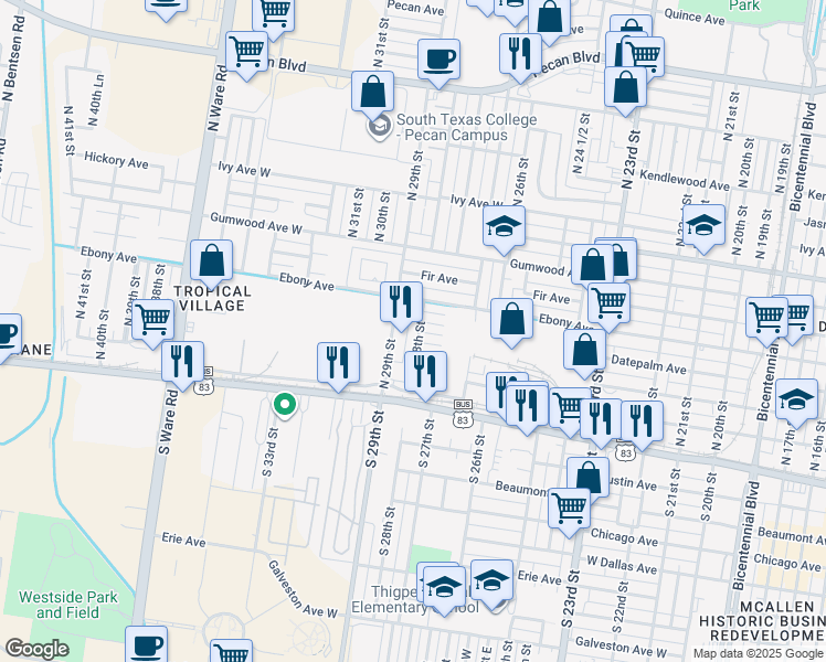 map of restaurants, bars, coffee shops, grocery stores, and more near 2736 Cedar Avenue in McAllen