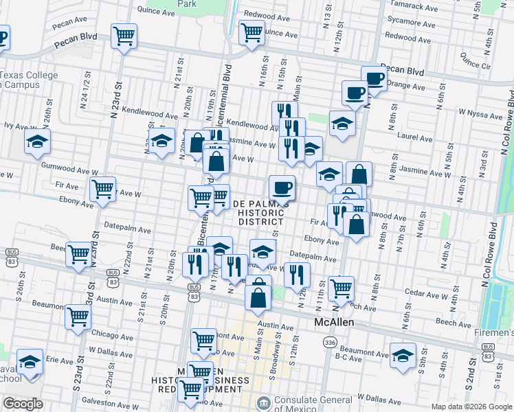 map of restaurants, bars, coffee shops, grocery stores, and more near 521 North 15th Street in McAllen