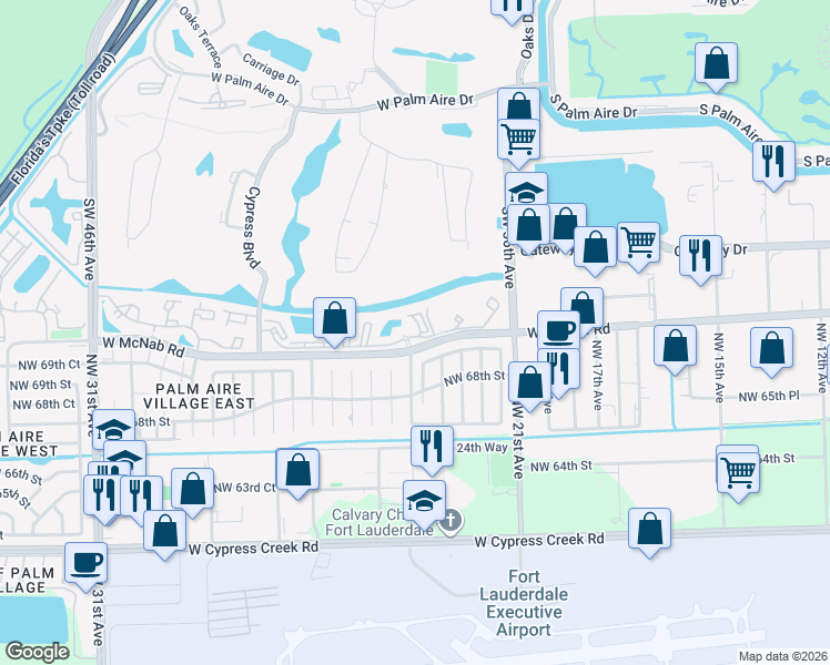 map of restaurants, bars, coffee shops, grocery stores, and more near 2431 Northwest 69th Court in Fort Lauderdale