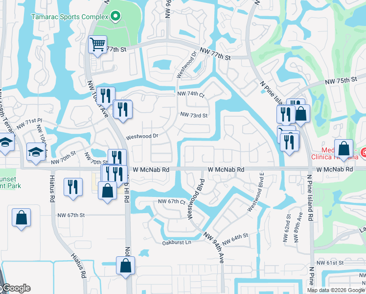 map of restaurants, bars, coffee shops, grocery stores, and more near 7007 Northwest 95th Terrace in Tamarac