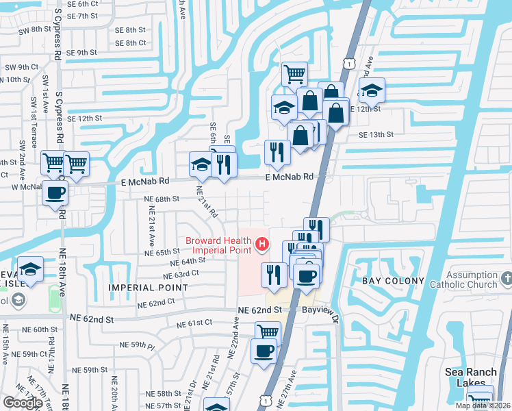 map of restaurants, bars, coffee shops, grocery stores, and more near 23 Northeast 22nd Way in Fort Lauderdale