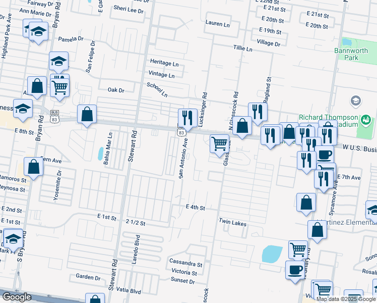 map of restaurants, bars, coffee shops, grocery stores, and more near 705 Palm Village Lane in Mission