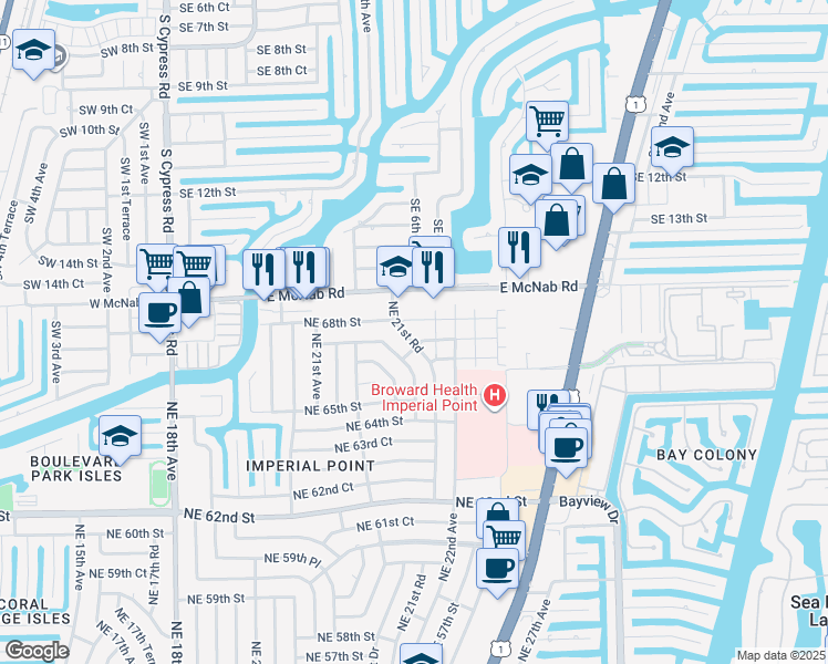 map of restaurants, bars, coffee shops, grocery stores, and more near 2156 Northeast 67th Street in Fort Lauderdale