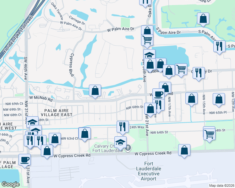 map of restaurants, bars, coffee shops, grocery stores, and more near 2431 Northwest 69th Court in Fort Lauderdale
