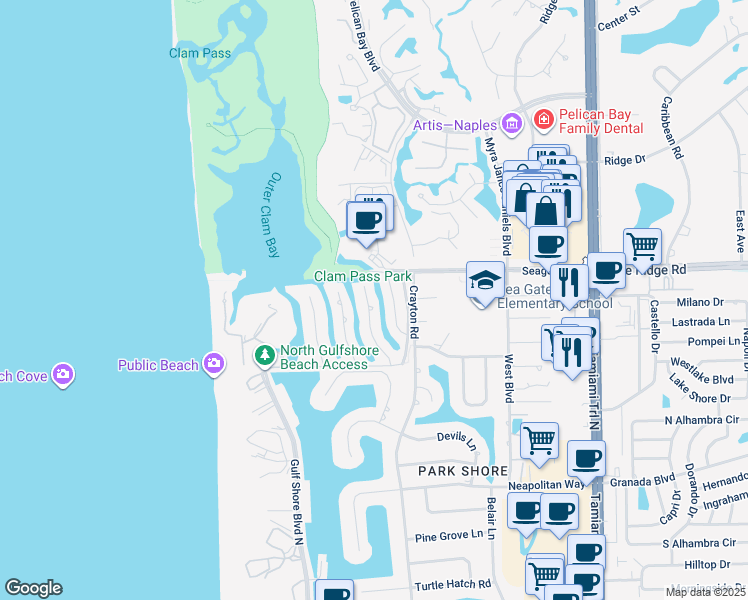 map of restaurants, bars, coffee shops, grocery stores, and more near 5116 Starfish Avenue in Naples