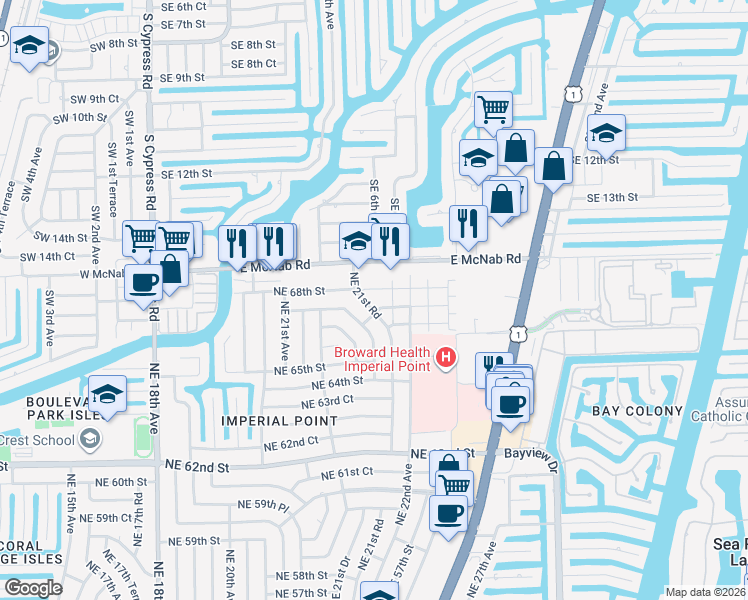 map of restaurants, bars, coffee shops, grocery stores, and more near 2156 Northeast 67th Street in Fort Lauderdale