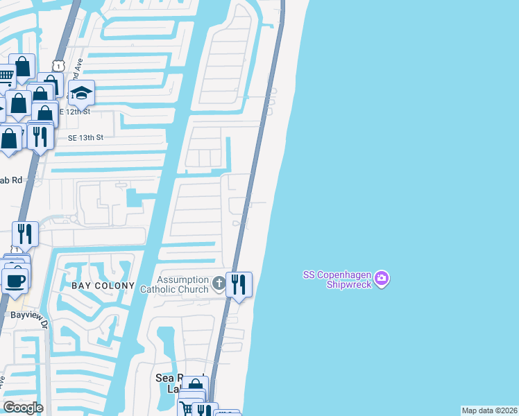 map of restaurants, bars, coffee shops, grocery stores, and more near 1700 South Ocean Boulevard in Pompano Beach
