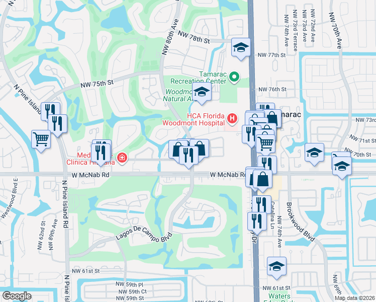 map of restaurants, bars, coffee shops, grocery stores, and more near 8007 Northwest 71st Court in Tamarac
