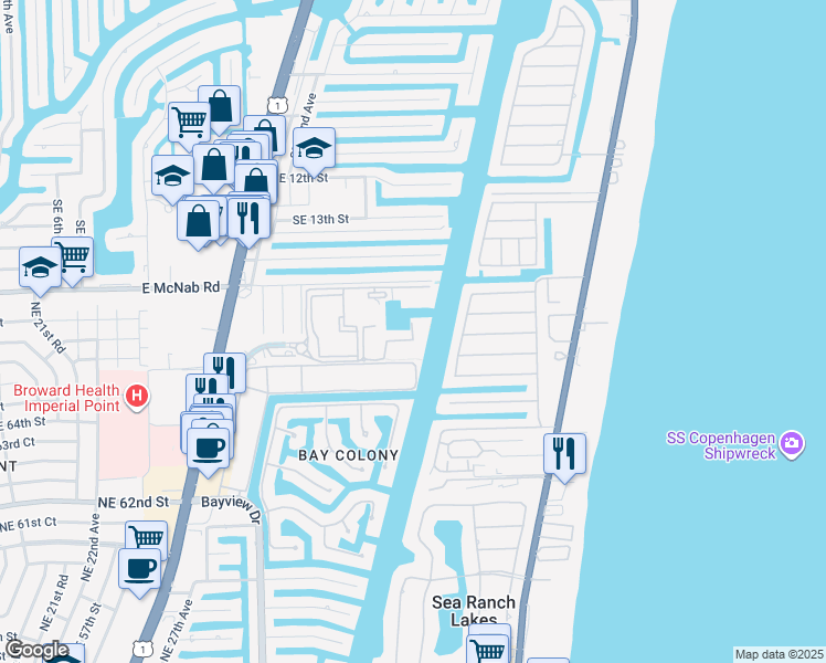 map of restaurants, bars, coffee shops, grocery stores, and more near 3303 Port Royale Drive South in Fort Lauderdale