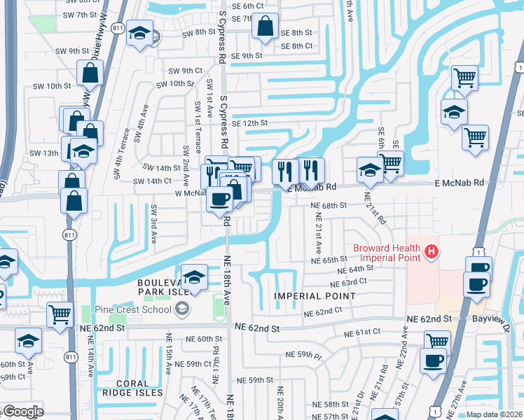 map of restaurants, bars, coffee shops, grocery stores, and more near 145 Cypress Club Drive in Pompano Beach
