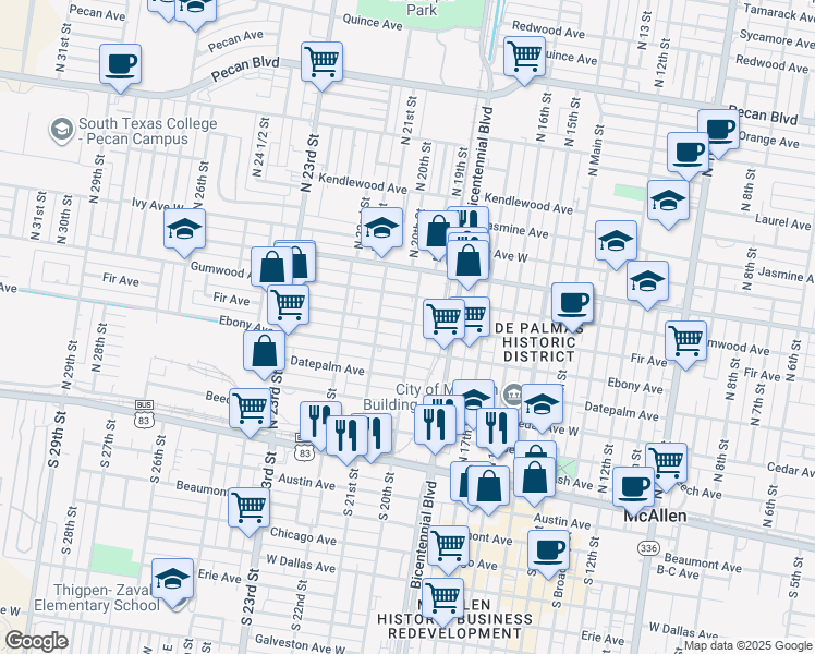 map of restaurants, bars, coffee shops, grocery stores, and more near 1920 Ebony Avenue in McAllen