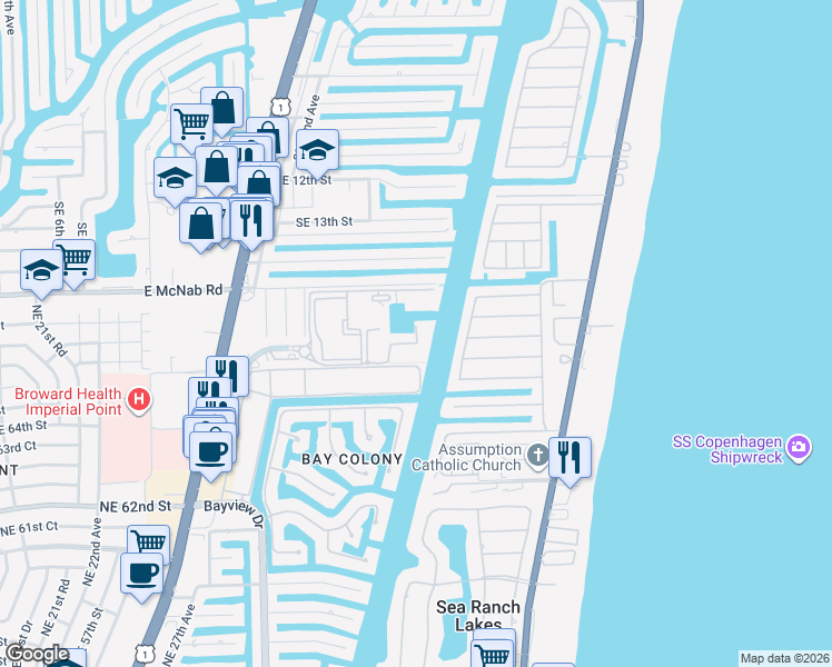 map of restaurants, bars, coffee shops, grocery stores, and more near 3303 Port Royale Drive South in Fort Lauderdale