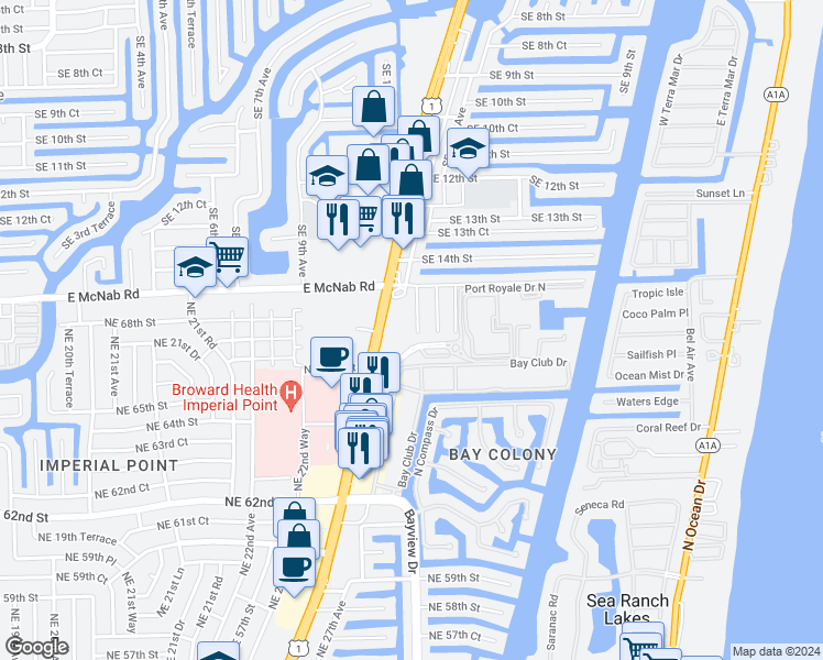 map of restaurants, bars, coffee shops, grocery stores, and more near 6600 North Federal Highway in Fort Lauderdale