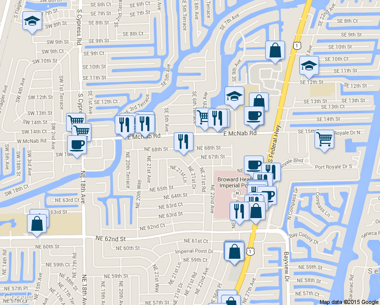 map of restaurants, bars, coffee shops, grocery stores, and more near 2156 Northeast 67th Street in Fort Lauderdale