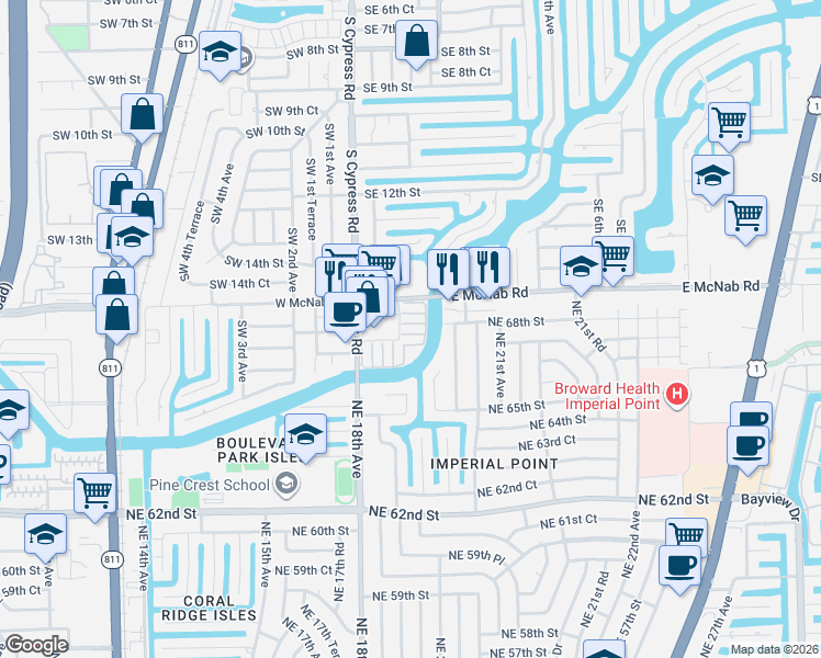 map of restaurants, bars, coffee shops, grocery stores, and more near 145 Cypress Club Drive in Pompano Beach