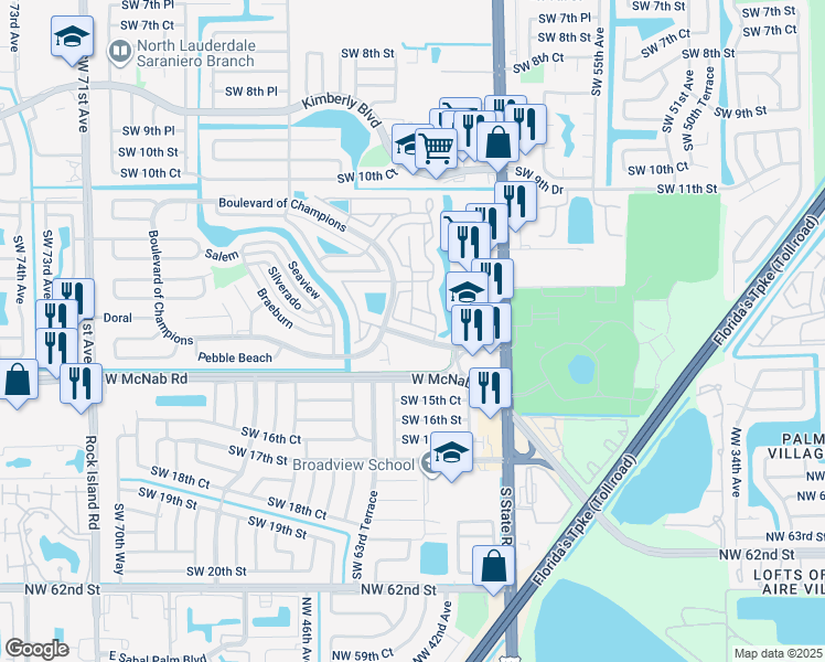 map of restaurants, bars, coffee shops, grocery stores, and more near 6160 Boulevard of Champions in North Lauderdale