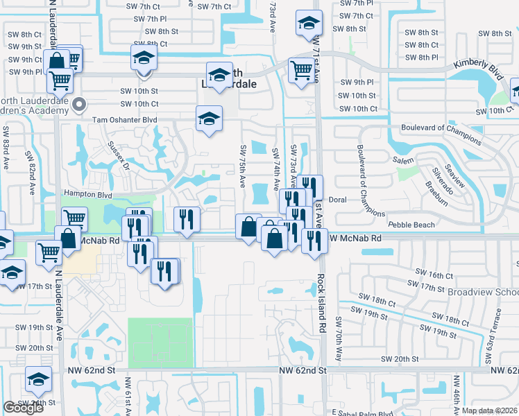 map of restaurants, bars, coffee shops, grocery stores, and more near 7432 Southwest 14th Court in North Lauderdale