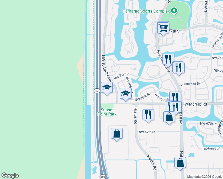 map of restaurants, bars, coffee shops, grocery stores, and more near 10930 Palm Ridge Lane in Tamarac