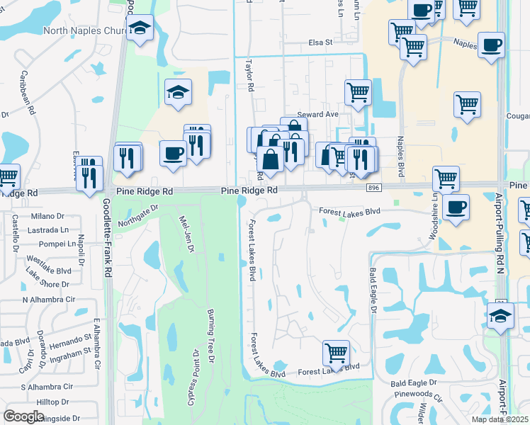 map of restaurants, bars, coffee shops, grocery stores, and more near 1706 Forest Lakes Boulevard in Naples