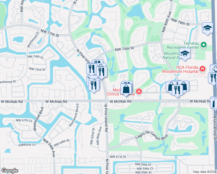 map of restaurants, bars, coffee shops, grocery stores, and more near 7125 Woodmont Avenue in Tamarac