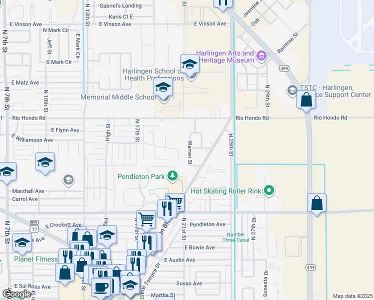 map of restaurants, bars, coffee shops, grocery stores, and more near 2017 Plantation Drive in Harlingen